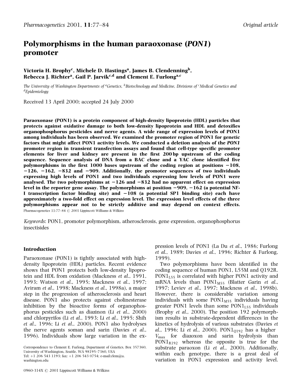 Polymorphisms in the Human Paraoxonase (PON1) Promoter