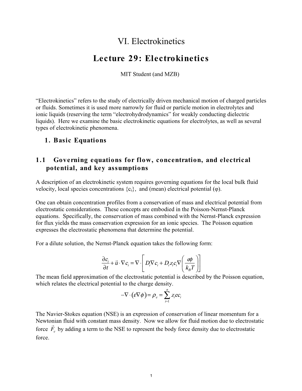 Electrokinetics Lecture 29: Electrokinetics