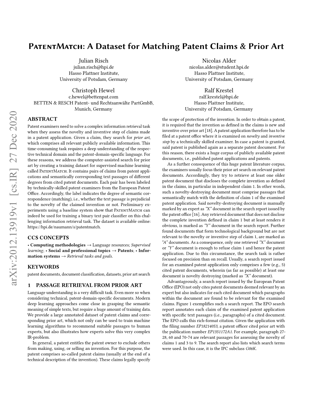 A Dataset for Matching Patent Claims & Prior