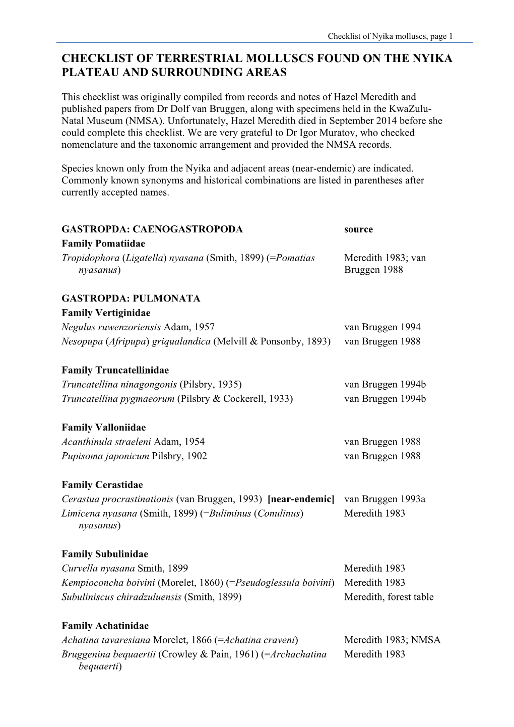 Checklist of Terrestrial Molluscs Found on the Nyika Plateau and Surrounding Areas