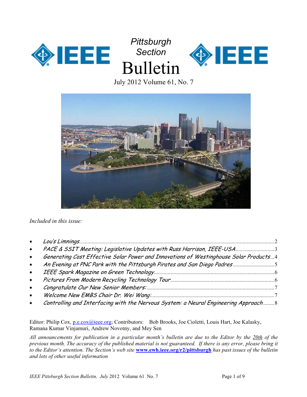 Pittsburgh Section Bulletin July 2012 Volume 61, No