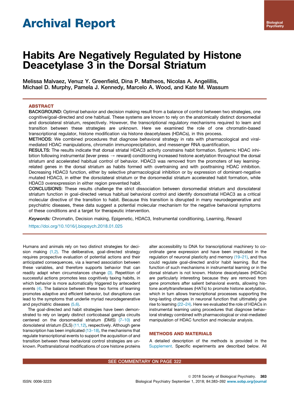 Habits Are Negatively Regulated by Histone Deacetylase 3 in the Dorsal Striatum