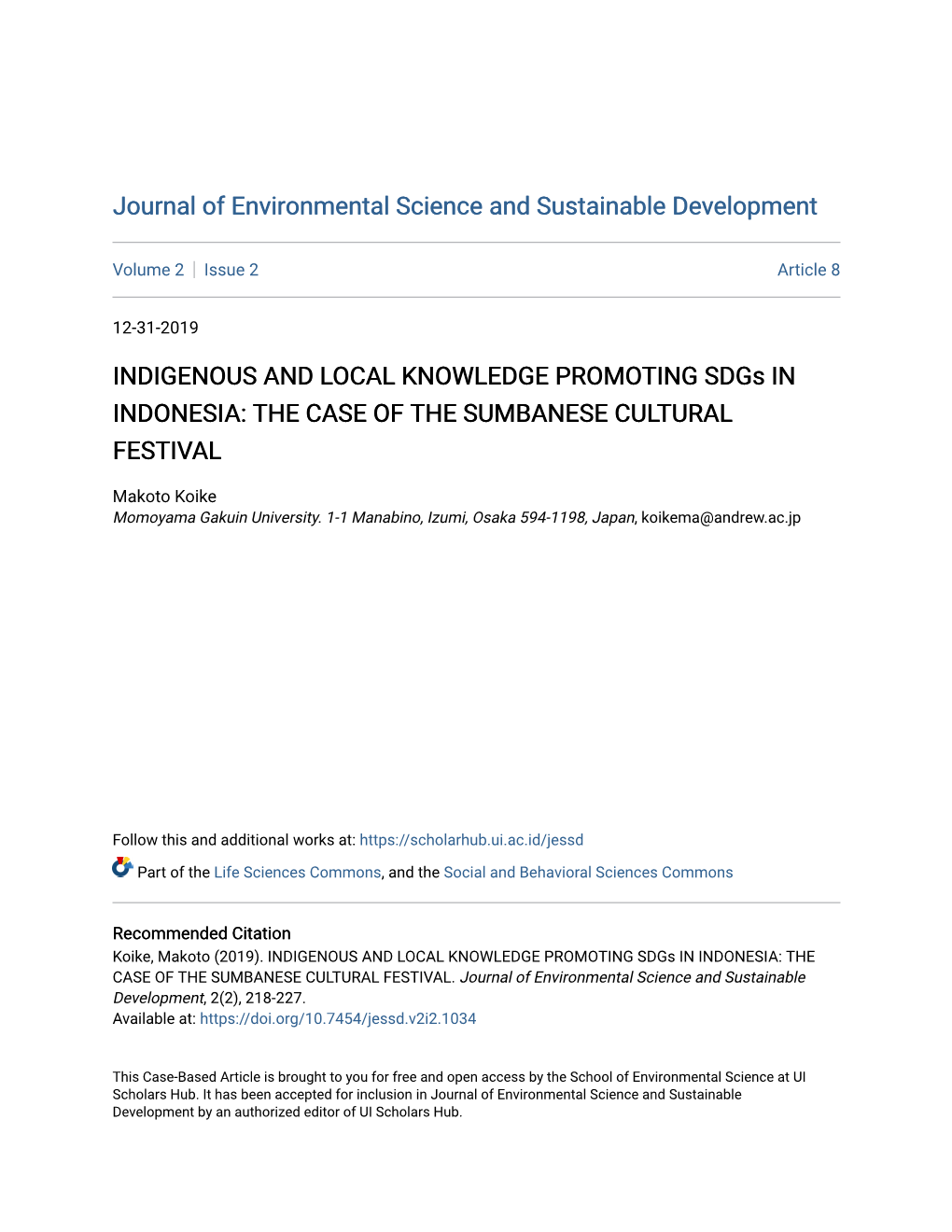 INDIGENOUS and LOCAL KNOWLEDGE PROMOTING Sdgs in INDONESIA: the CASE of the SUMBANESE CULTURAL FESTIVAL