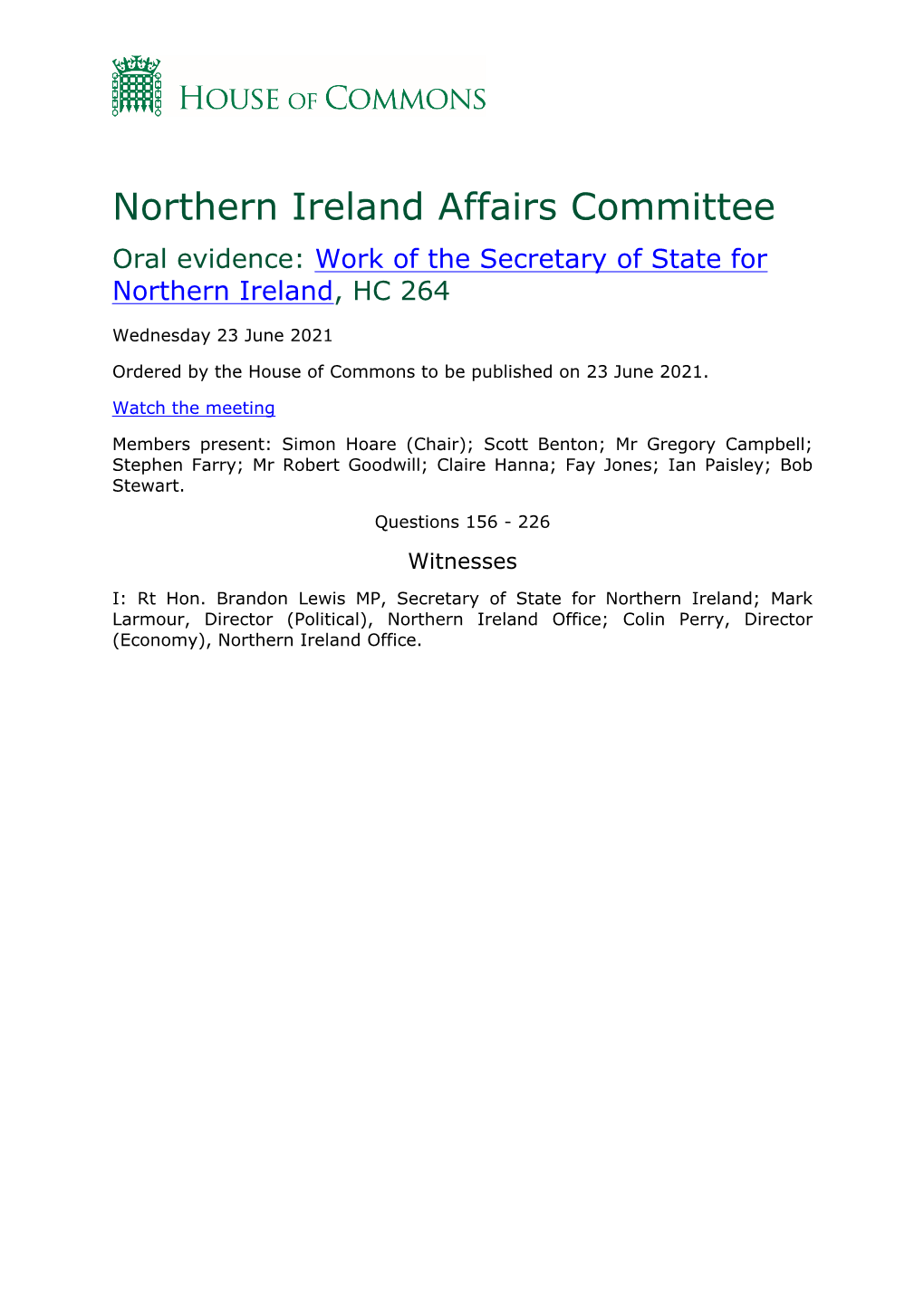 Work of the Secretary of State for Northern Ireland, HC 264