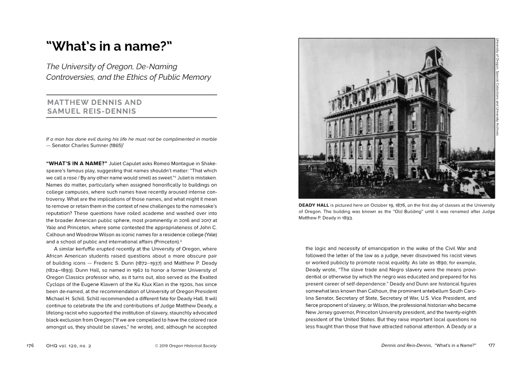 “What's in a Name?”: the University of Oregon, De-Naming Controversies, and the Ethics of Public