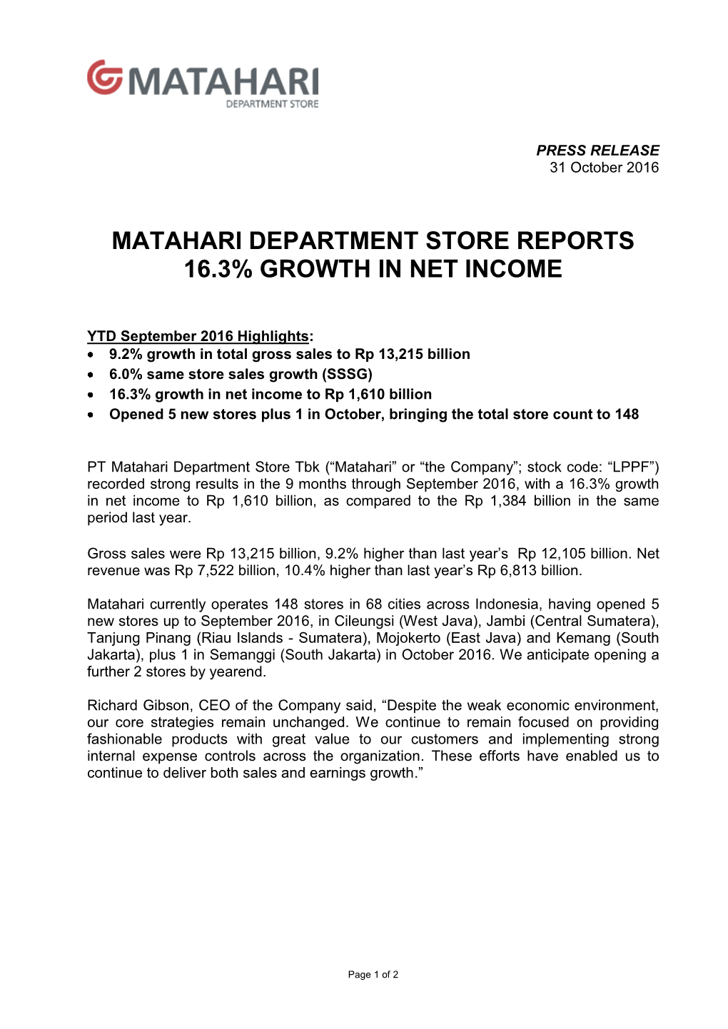 Matahari Department Store Reports 16.3% Growth in Net Income