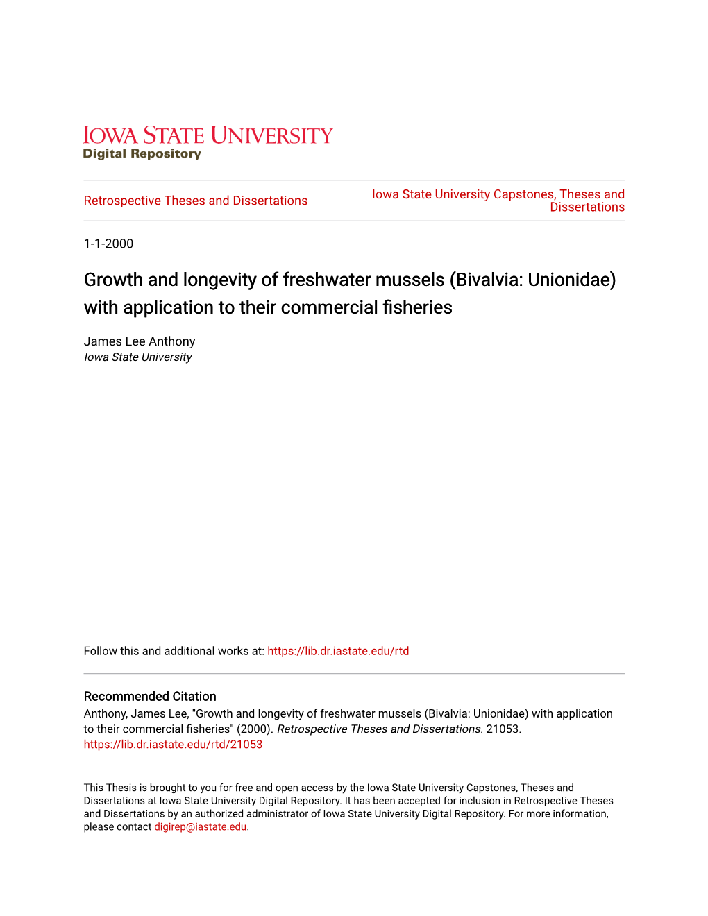 Growth and Longevity of Freshwater Mussels (Bivalvia: Unionidae) with Application to Their Commercial Fisheries