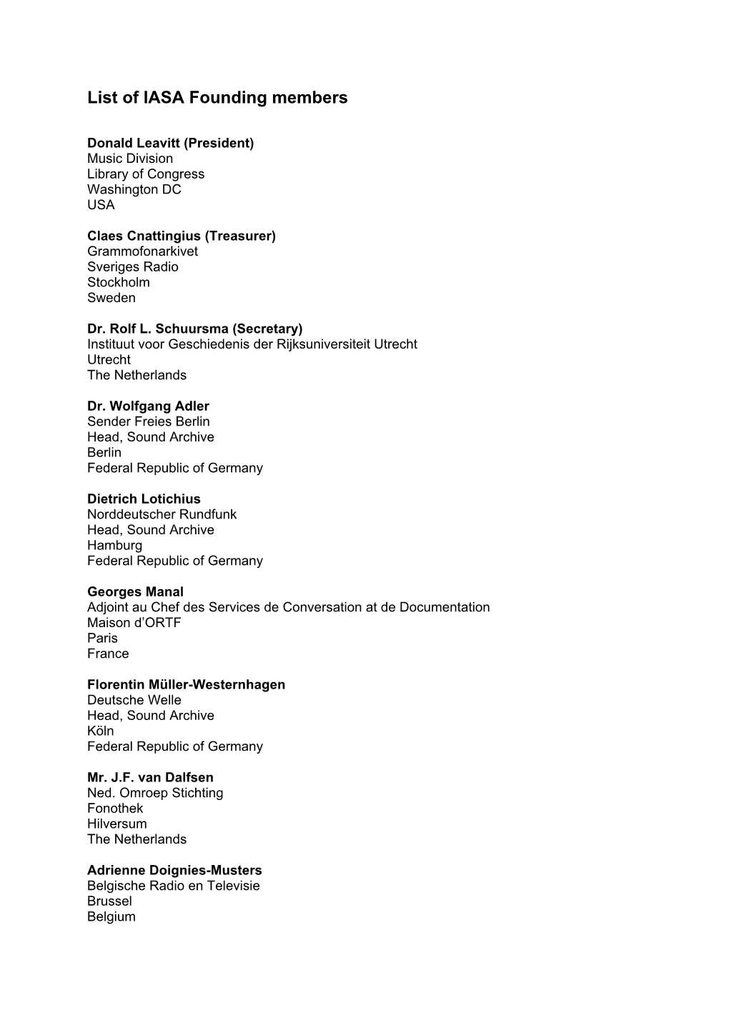 List of IASA Founding Members