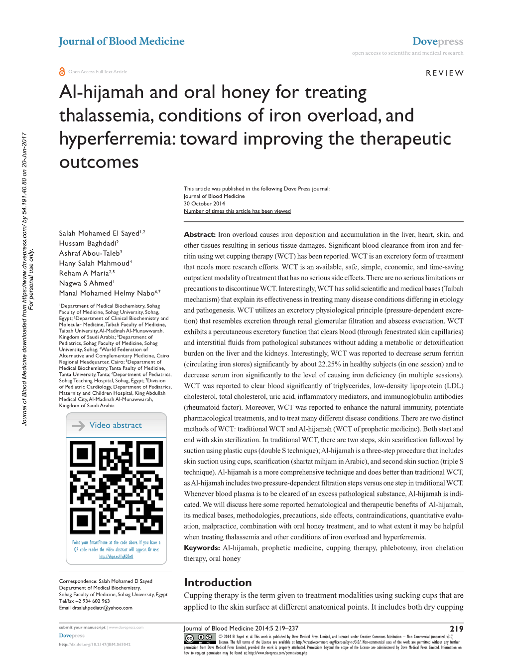 Al-Hijamah and Oral Honey for Treating Thalassemia, Conditions of Iron Overload, and Hyperferremia: Toward Improving the Therapeutic Outcomes