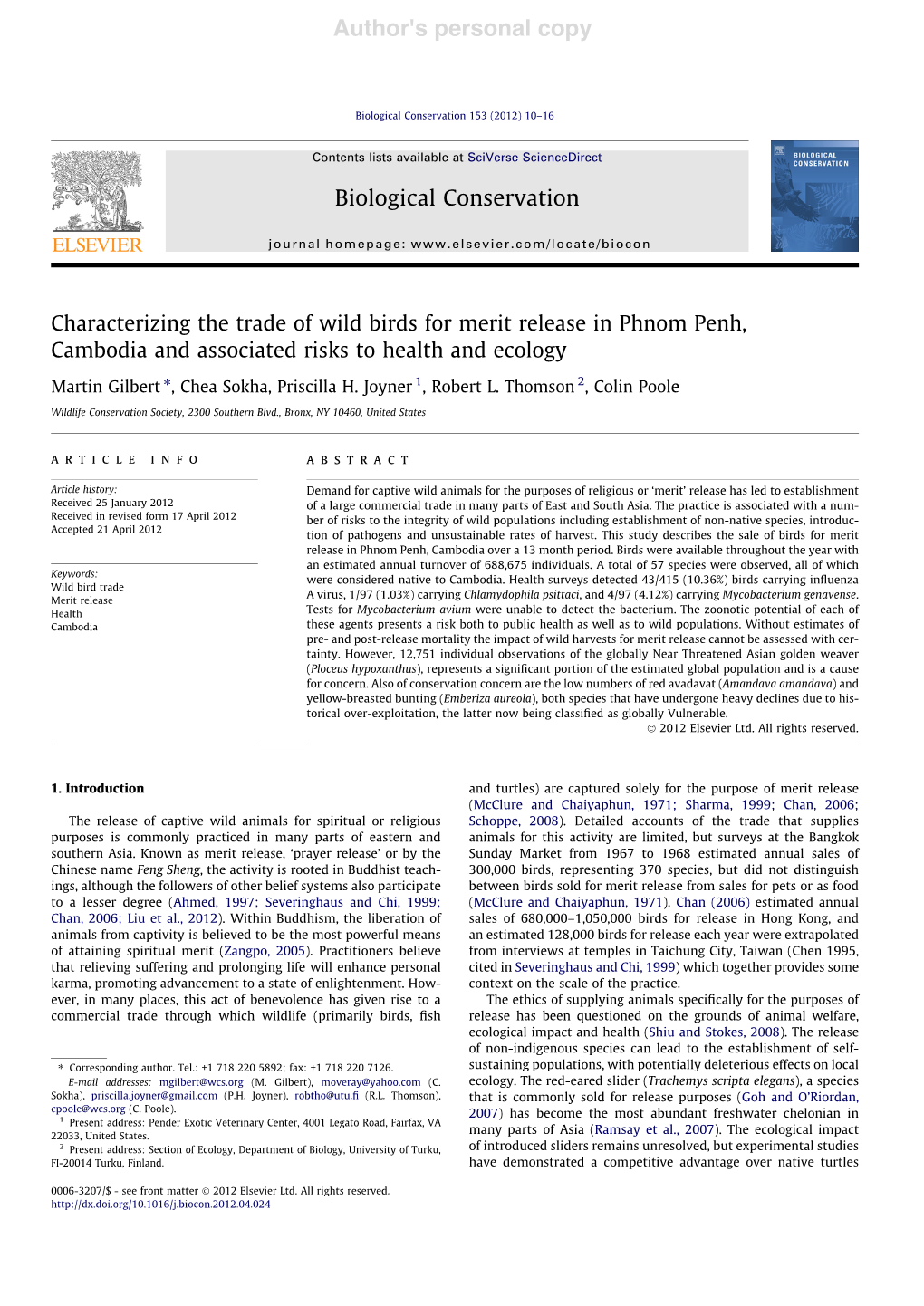 Characterizing the Trade of Wild Birds for Merit Release in Phnom Penh, Cambodia and Associated Risks to Health and Ecology