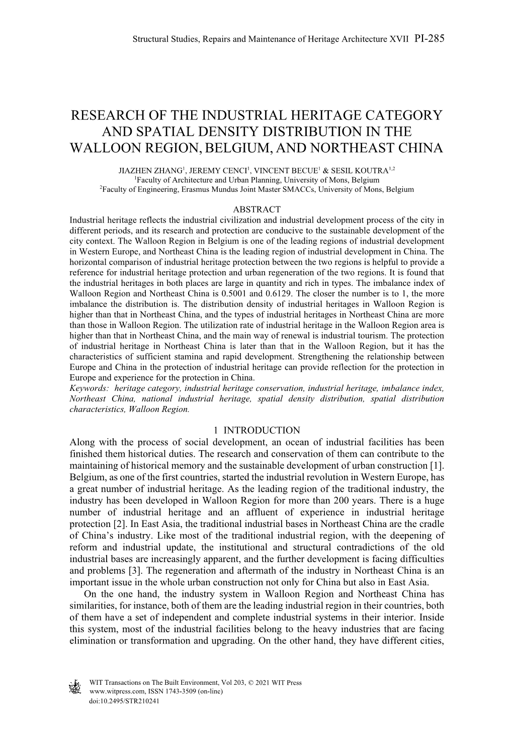 Research of the Industrial Heritage Category and Spatial Density Distribution in the Walloon Region, Belgium, and Northeast China