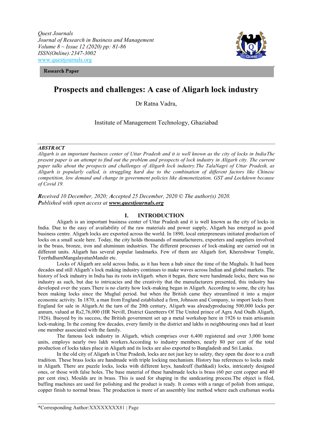 Prospects and Challenges: a Case of Aligarh Lock Industry