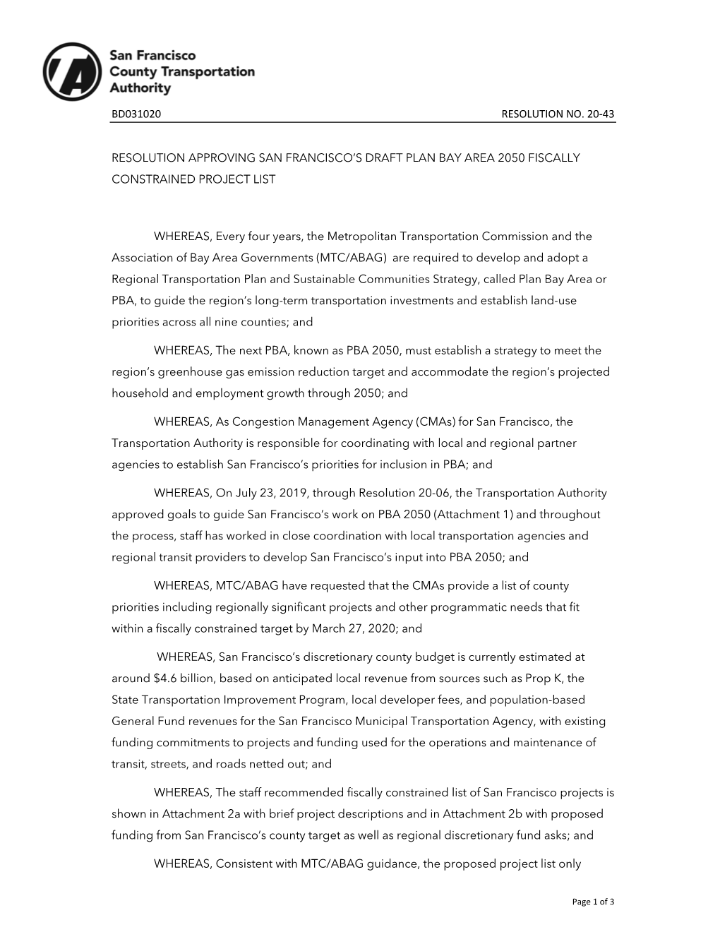 Bd031020 Resolution No. 20-43 Resolution Approving San