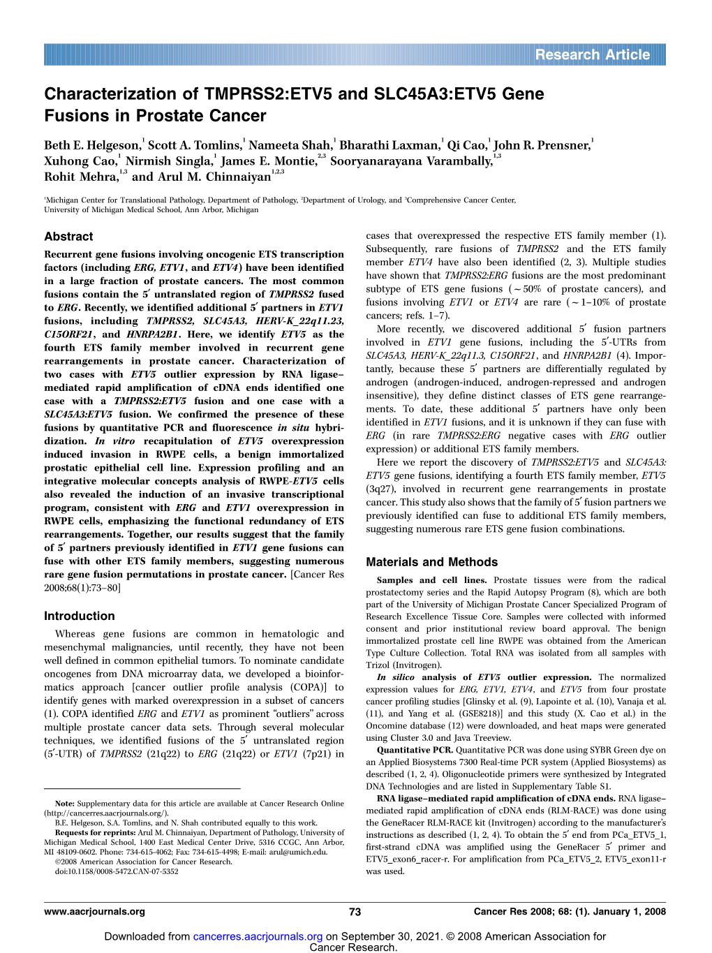 Characterization of TMPRSS2:ETV5 and SLC45A3:ETV5 Gene Fusions in Prostate Cancer