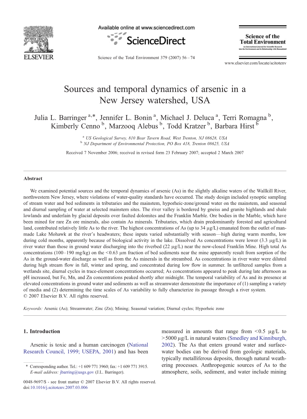 Sources and Temporal Dynamics of Arsenic in a New Jersey Watershed, USA