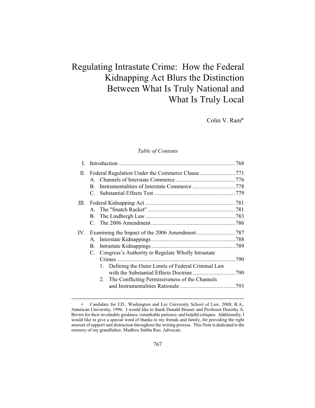 Regulating Intrastate Crime: How the Federal Kidnapping Act Blurs the Distinction Between What Is Truly National and What Is Truly Local