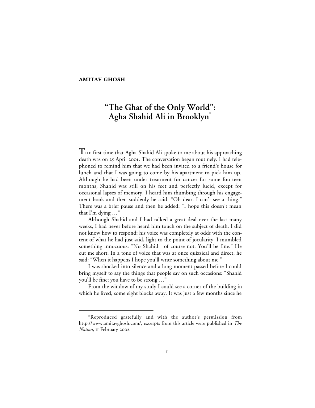 “The Ghat of the Only World”: Agha Shahid Ali in Brooklyn*