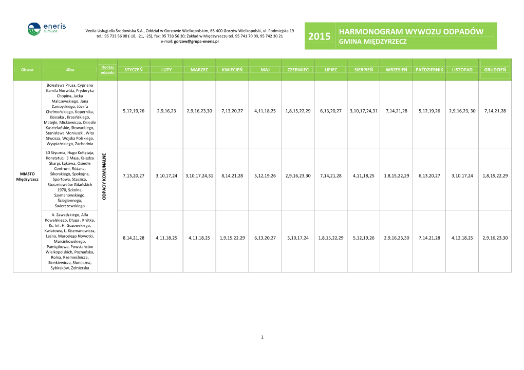 HARMONOGRAM WYWOZU ODPADÓW Tel.: 95 733 56 08 (-18, -21, -25), Fax: 95 733 56 30; Zakład W Międzyrzeczu Tel