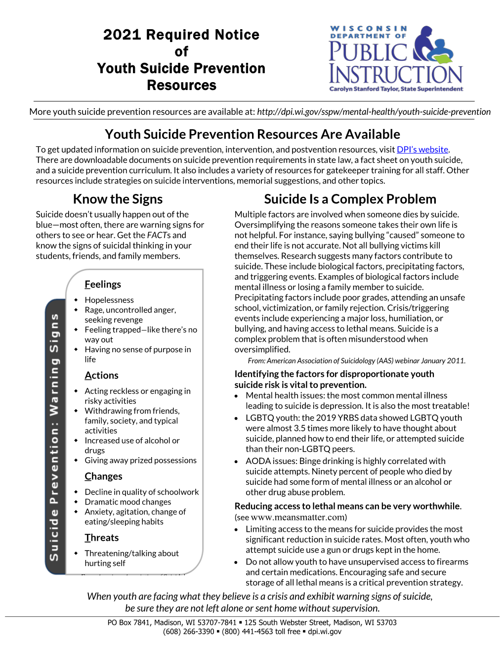 2021 Required Notice of Youth Suicide Prevention Resources