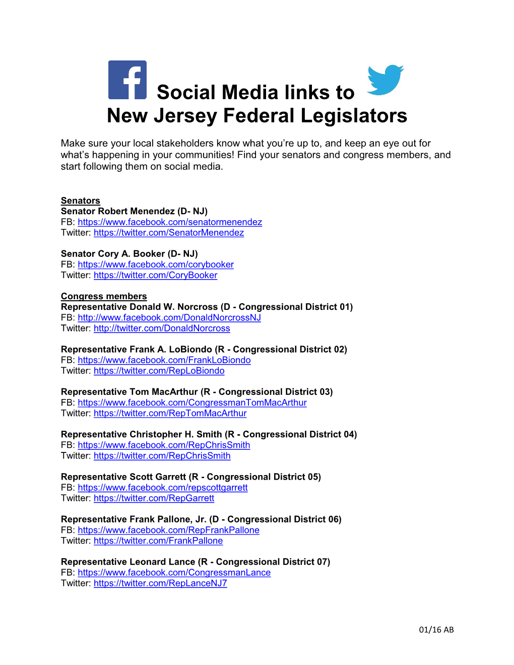 Social Media Links to New Jersey Federal Legislators