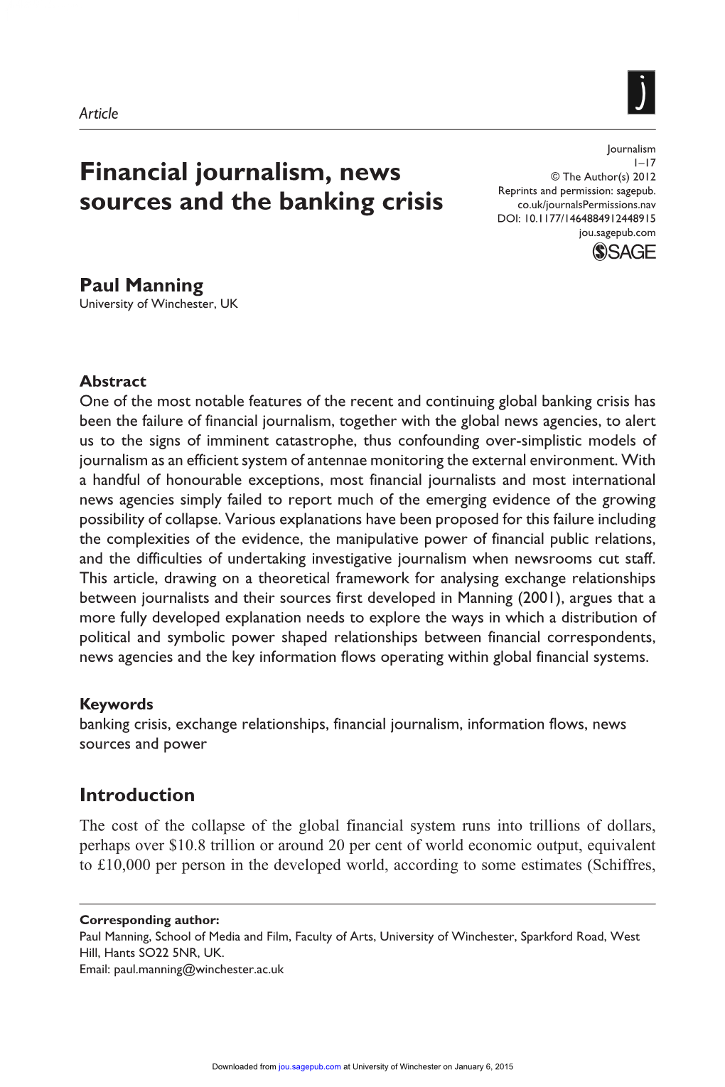 Financial Journalism, News Sources and the Banking Crisis