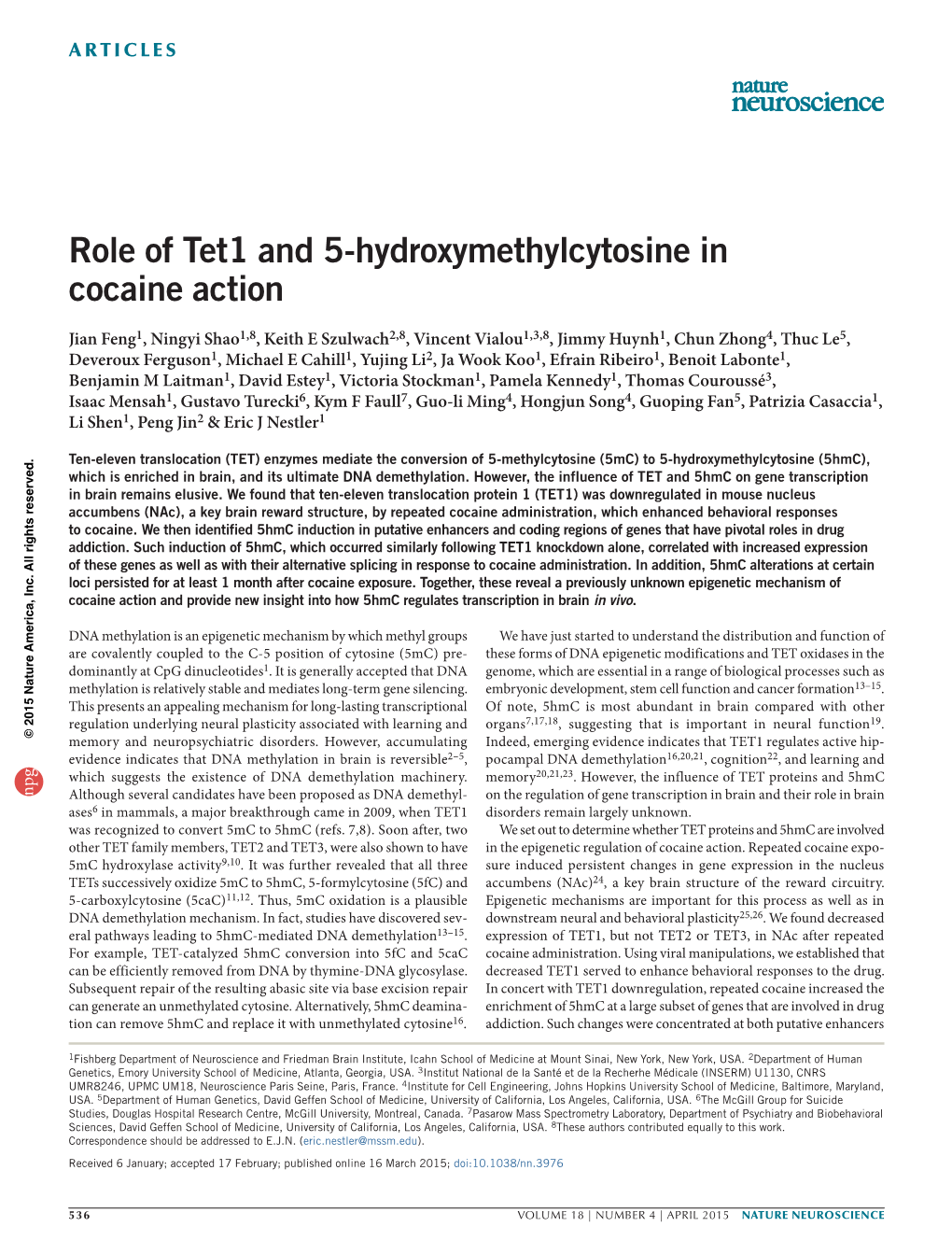 Role of Tet1 and 5-Hydroxymethylcytosine in Cocaine Action