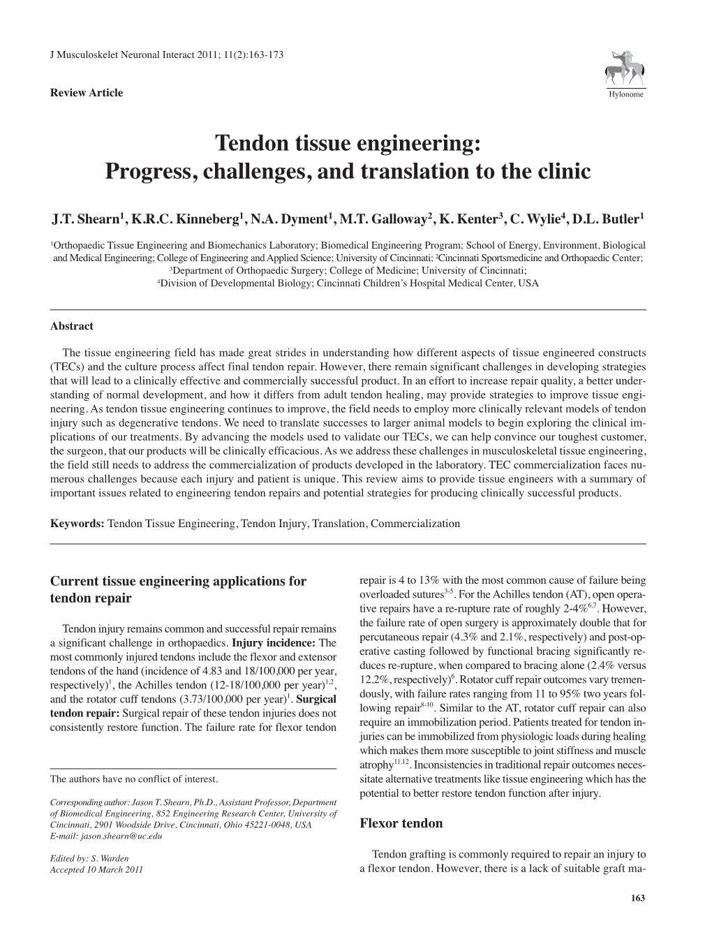 Tendon Tissue Engineering: Progress, Challenges, and Translation to the Clinic