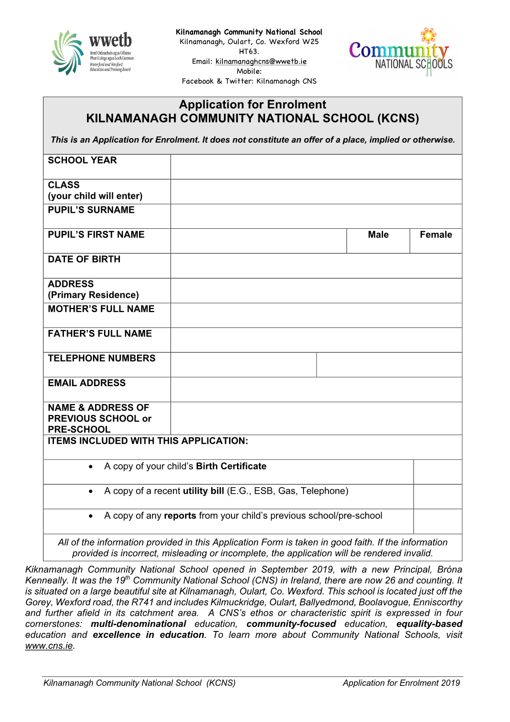 Application for Enrolment KILNAMANAGH COMMUNITY NATIONAL SCHOOL (KCNS)
