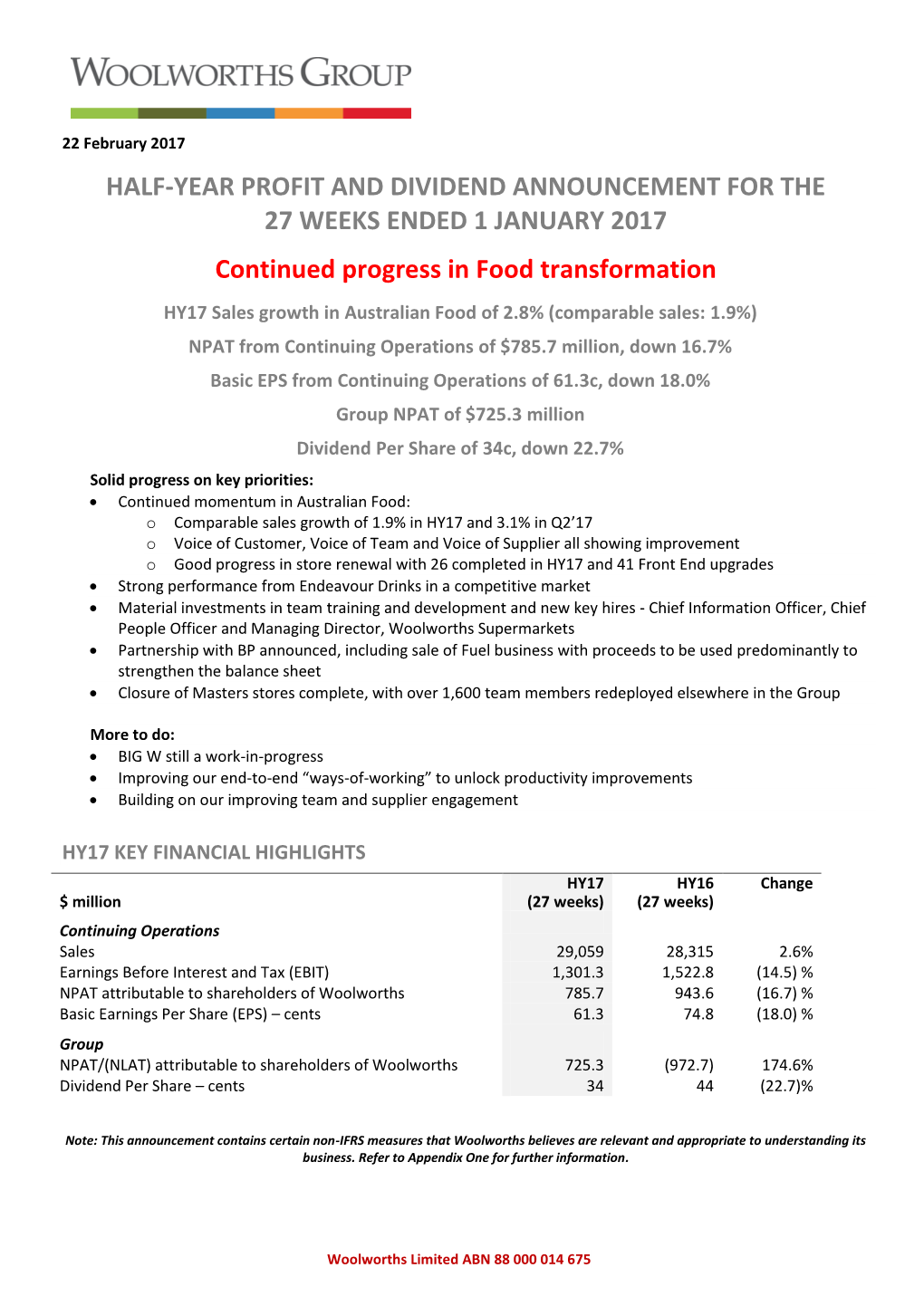 Half-Year Profit and Dividend Announcement for the 27 Weeks