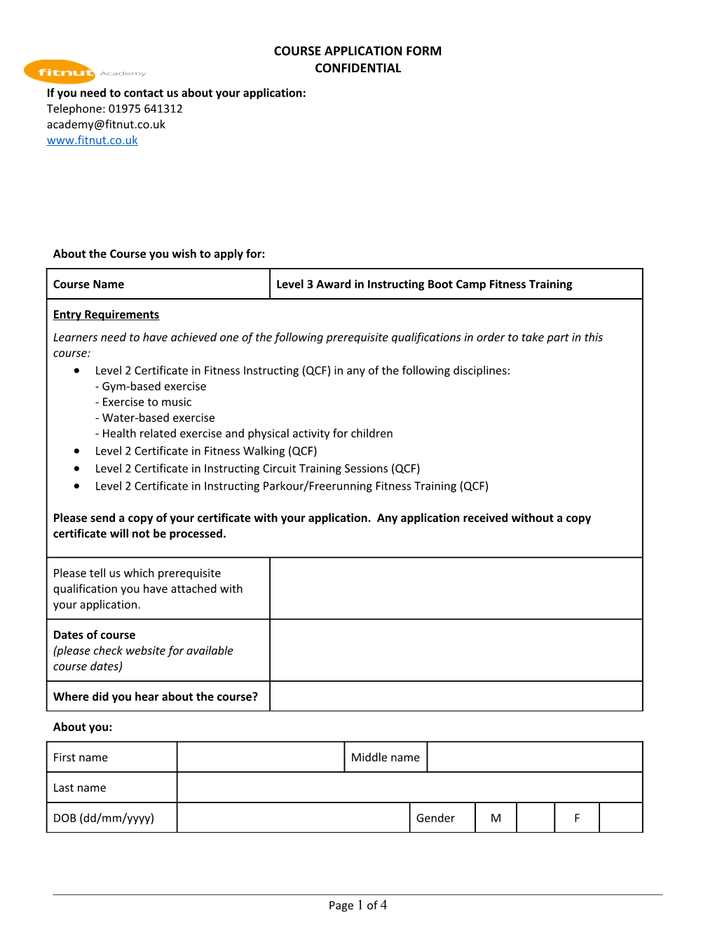 Fitnut Academy Course Application Form