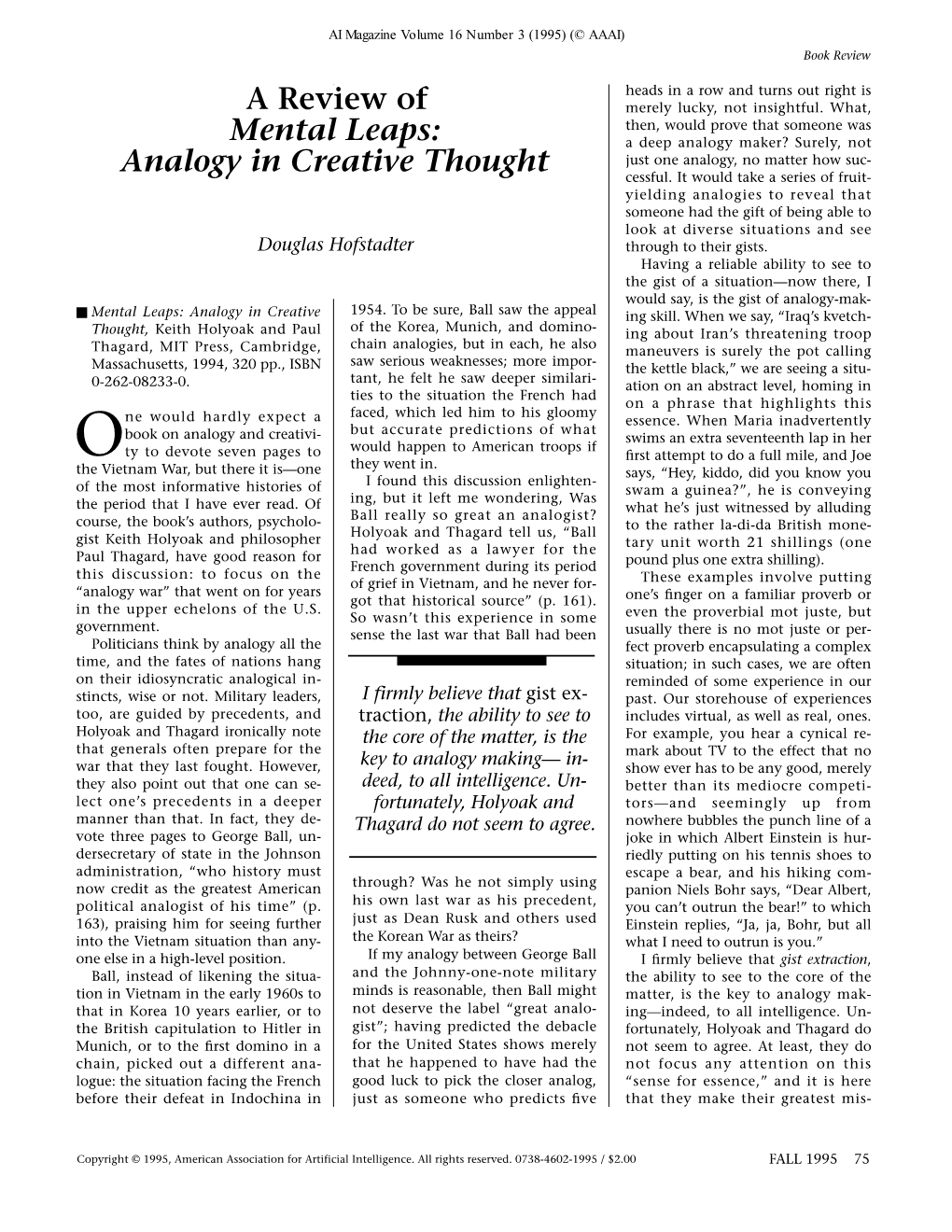 A Review of Mental Leaps: Analogy in Creative Thought