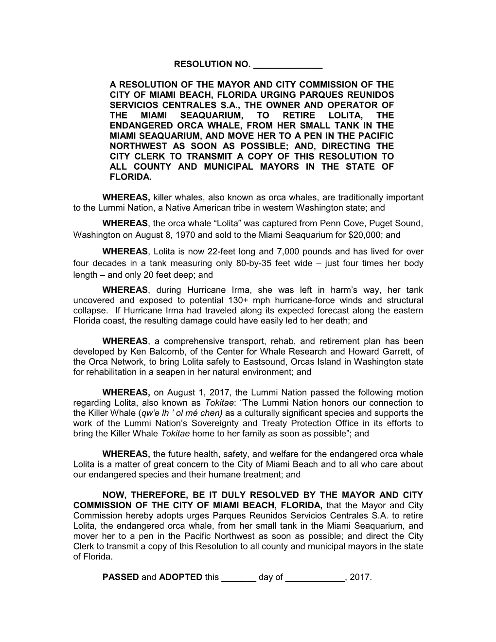 A Resolution of the Mayor and City Commission of the City of Miami Beach, Florida Urging Parques R