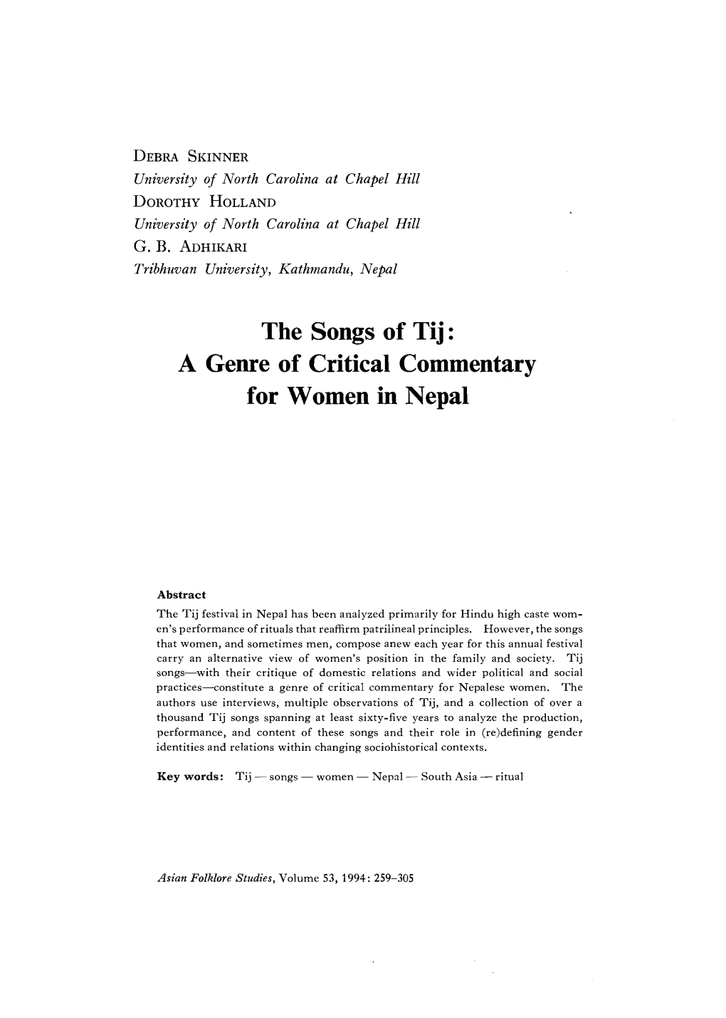 The Songs of Tij: a Genre of Critical Commentary for Women in Nepal