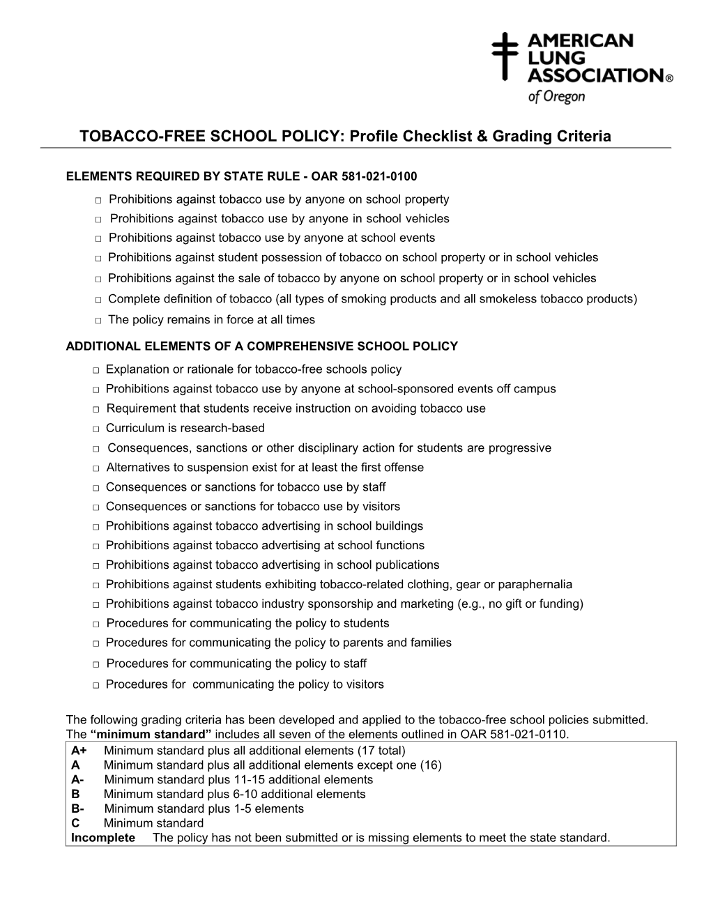 Appendix B: Tobacco Free Schools Policy Checklist