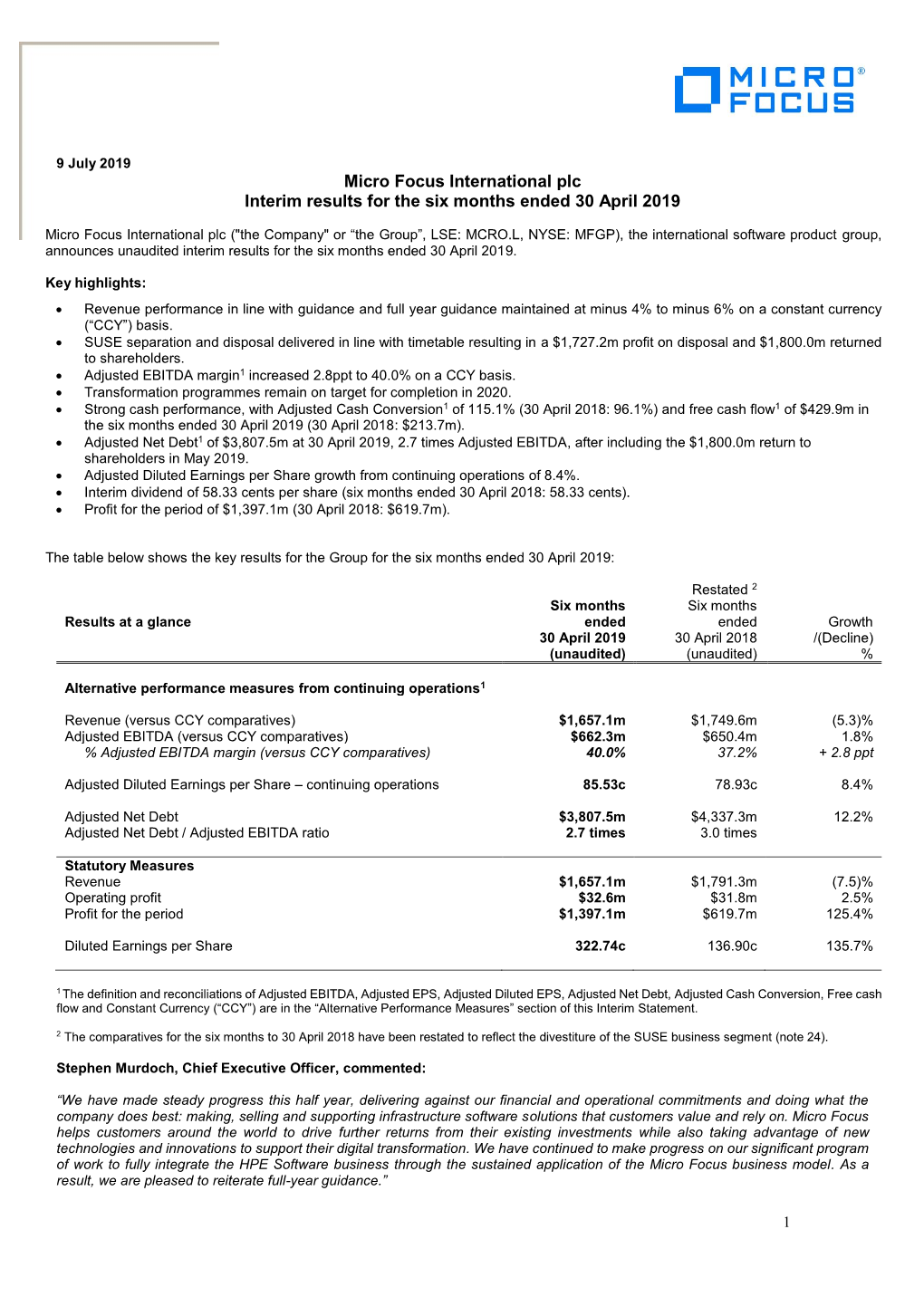 Micro Focus International Plc Interim Results for the Six Months Ended 30 April 2019