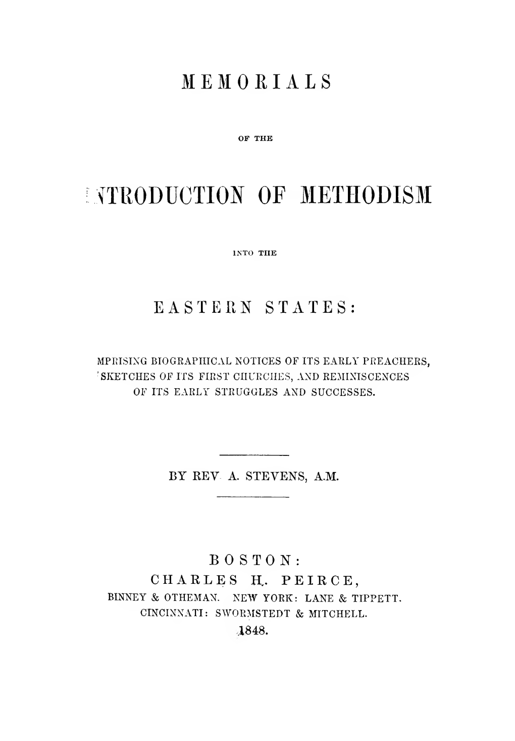 Memorials of the Introduction of Methodism Into the Eastern States