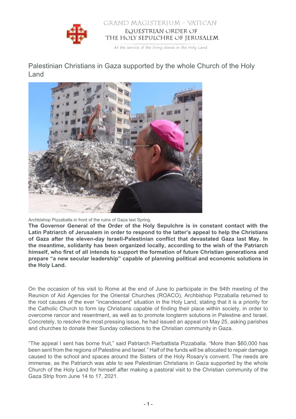 Palestinian Christians in Gaza Supported by the Whole Church of the Holy Land
