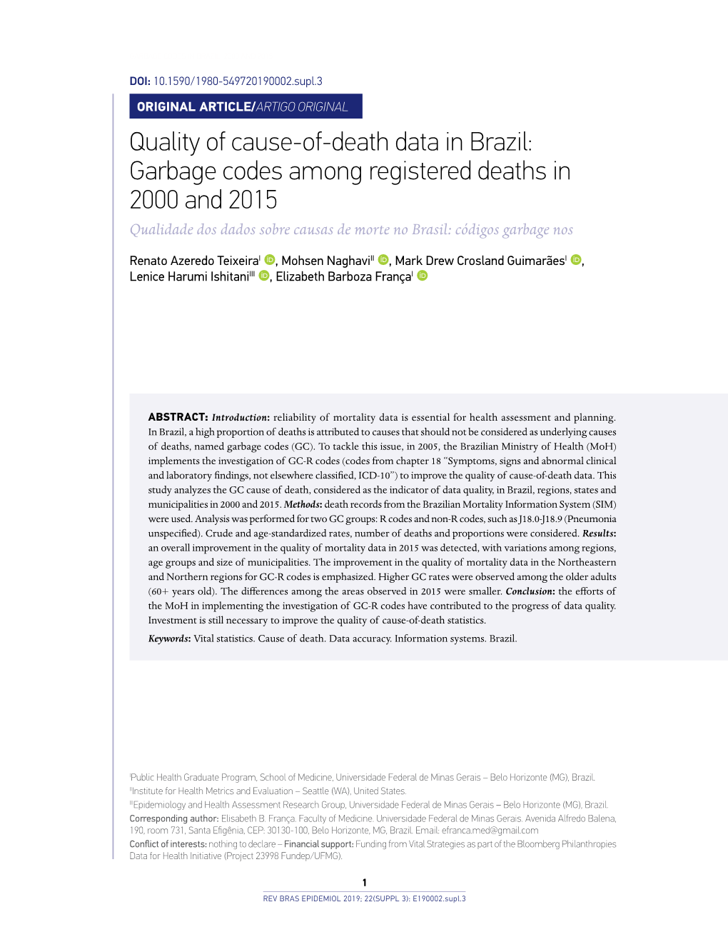 Garbage Codes Among Registered Deaths in 2000 and 2015 Qualidade Dos Dados Sobre Causas De Morte No Brasil: Códigos Garbage Nos