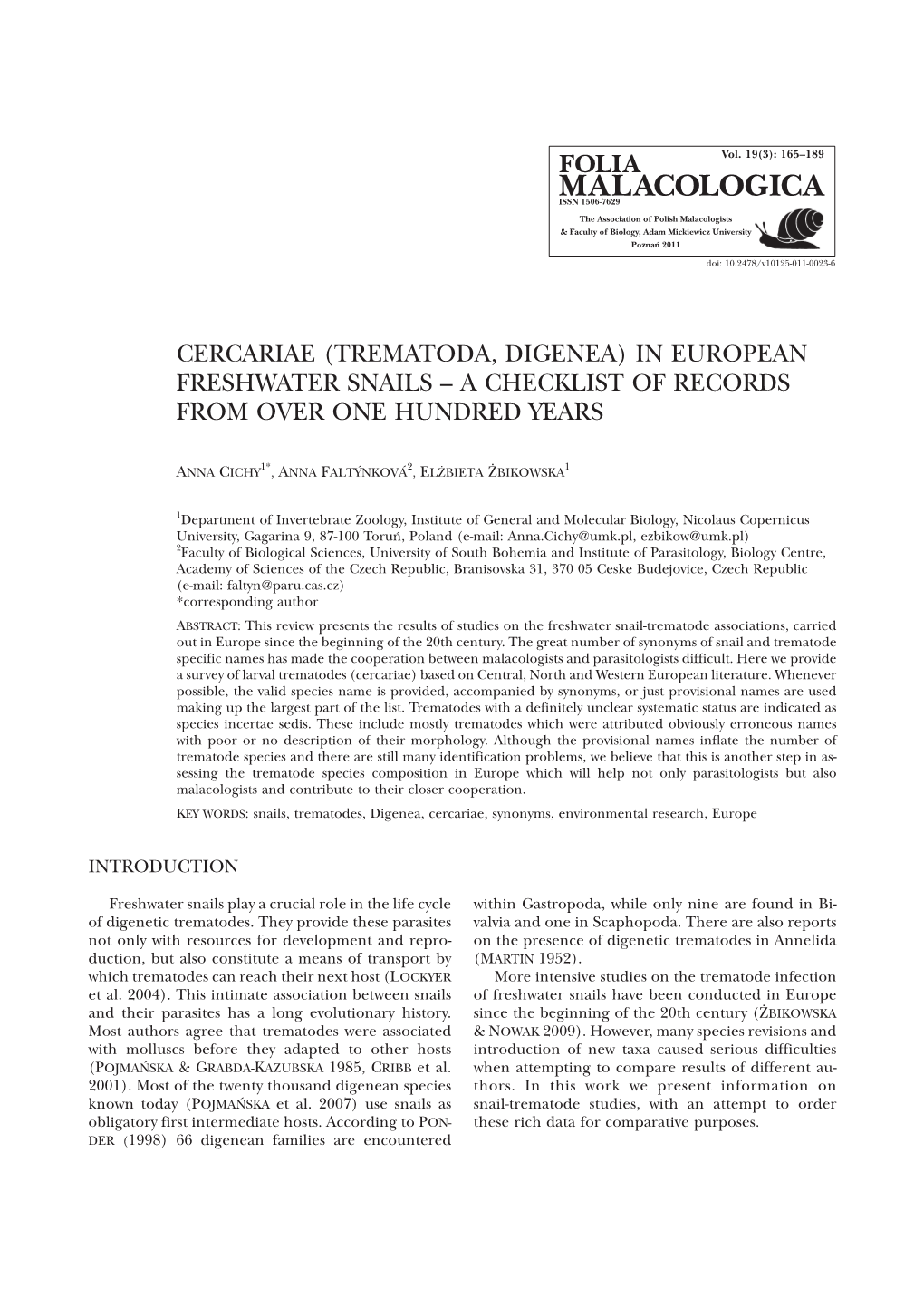 Cercariae (Trematoda, Digenea) in European Freshwater Snails – a Checklist of Records from Over One Hundred Years