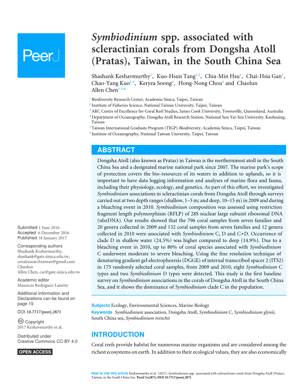 Symbiodinium Spp. Associated with Scleractinian Corals from Dongsha Atoll (Pratas), Taiwan, in the South China Sea