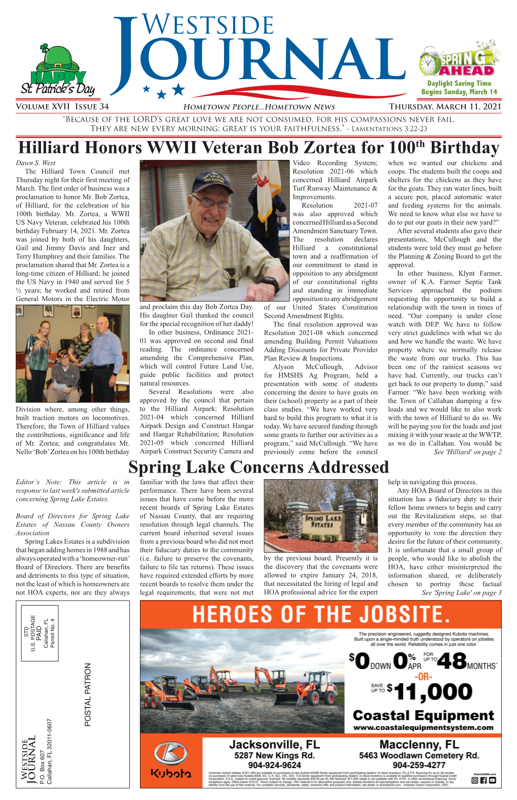 Hilliard Honors WWII Veteran Bob Zortea for 100Th Birthday Spring Lake Concerns Addressed