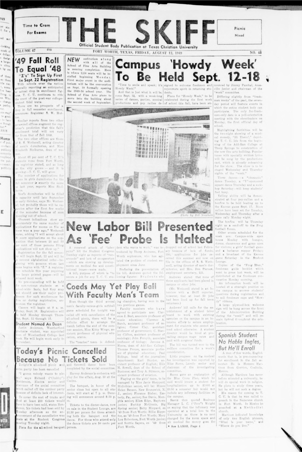 'Howdy Week' to Be Held Sept. 12-18 New Labor Bill Presented As