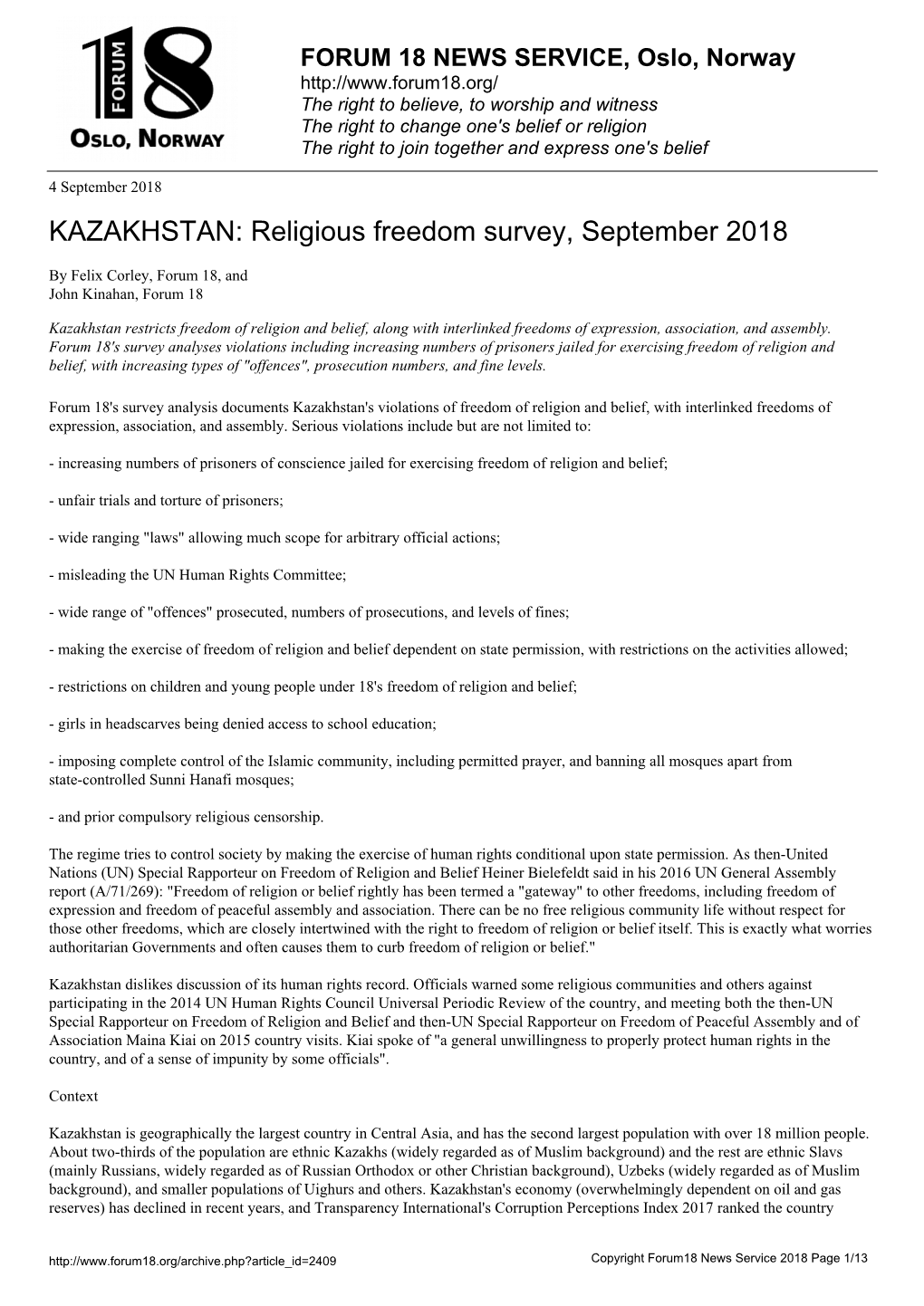 KAZAKHSTAN: Religious Freedom Survey, September 2018