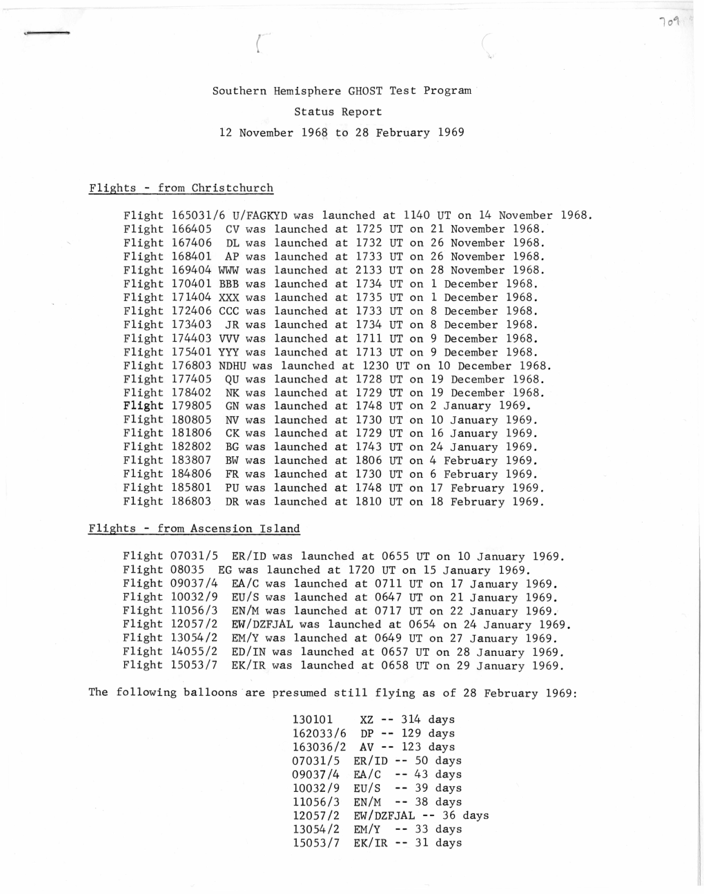 Southern Hemisphere GHOST Test Program Status Report 12 November 1968 to 28 February 1969