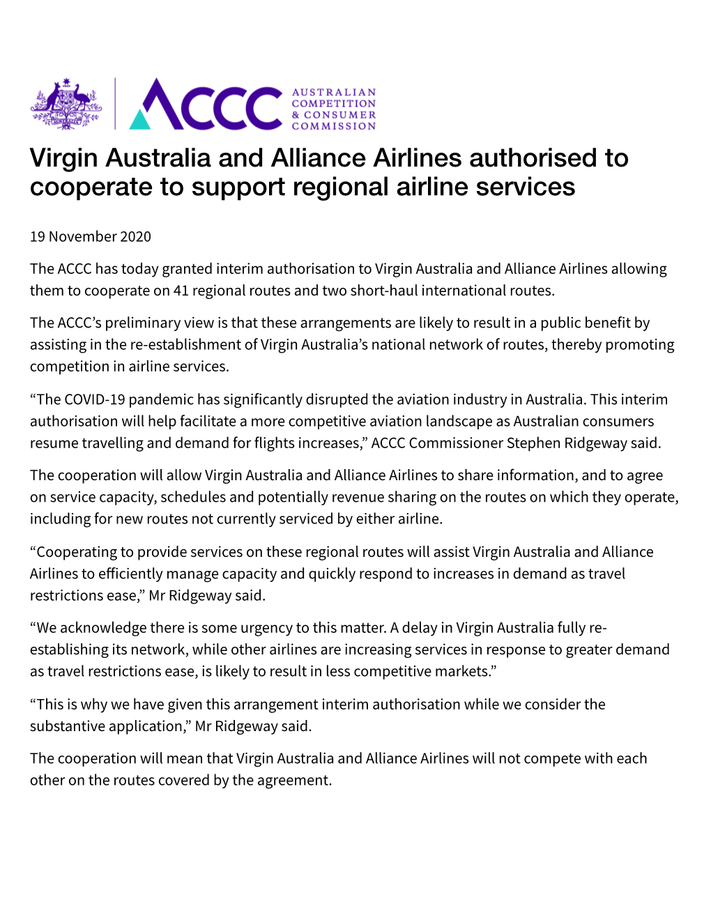Virgin Australia and Alliance Airlines Authorised to Cooperate to Support Regional Airline Services