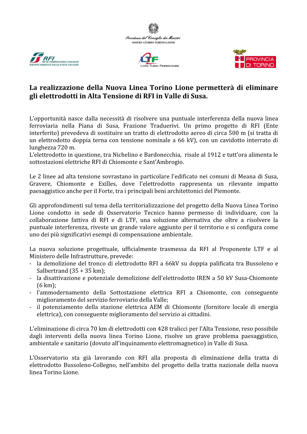 La Realizzazione Della Nuova Linea Torino Lione Permetterà Di Eliminare Gli Elettrodotti in Alta Tensione Di RFI in Valle Di Susa