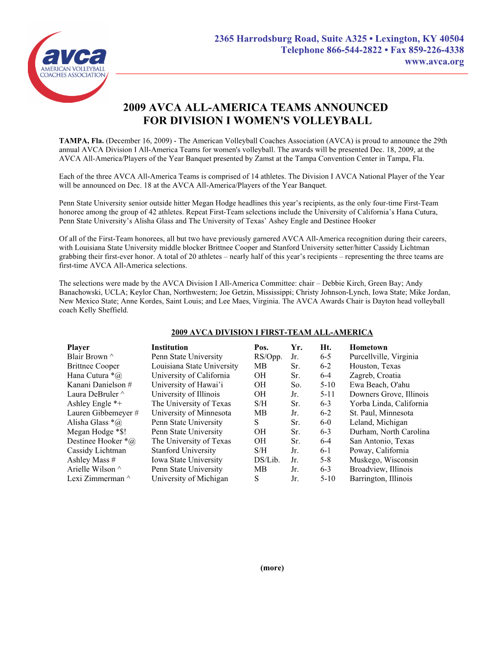 2009 Avca All-America Teams Announced for Division I Women's Volleyball