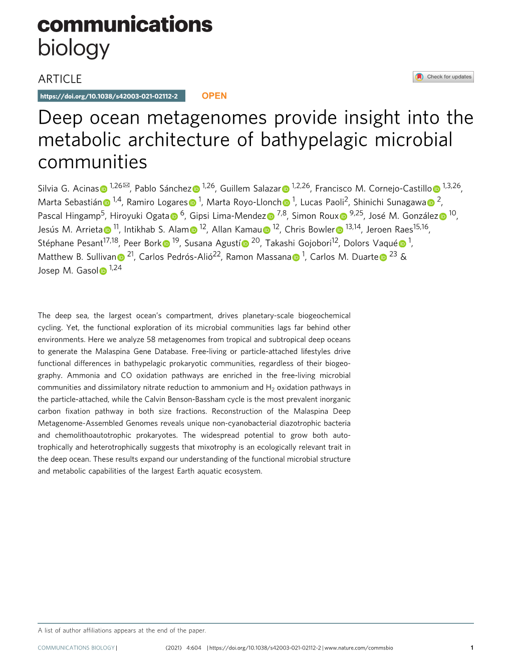 Deep Ocean Metagenomes Provide Insight Into the Metabolic Architecture of Bathypelagic Microbial Communities ✉ Silvia G