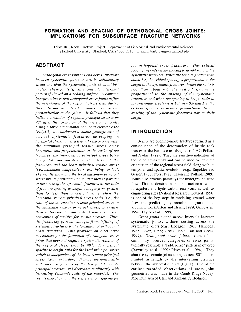 Formation and Spacing of Orthogonal Cross Joints: Implications for Subsurface Fracture Networks Abstract Introduction