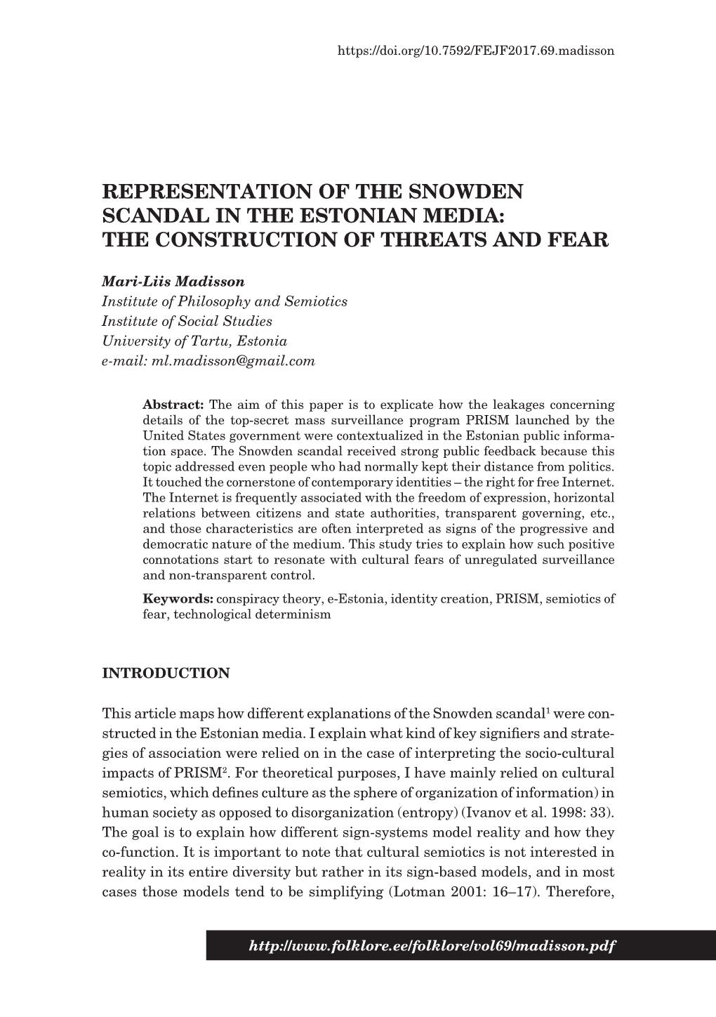 Representation of the Snowden Scandal in the Estonian Media: the Construction of Threats and Fear